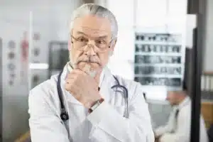 A imagem mostra um médico idoso, em ambiente hospitalar, usando jaleco e estetoscópio em volta do pescoço, segurando o queixo com uma das mãos, com expressão pensativa. Ilustra o texto sobre Defesa no Conselho Regional de Medicina.
